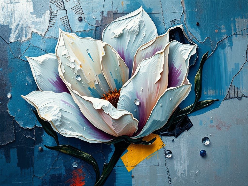 Abstract Oil Painting with Cracked Background and Iridescent...