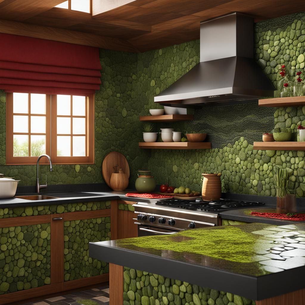 Hawaiian Mosaic Tile Kitchen with Lava Stone Decor