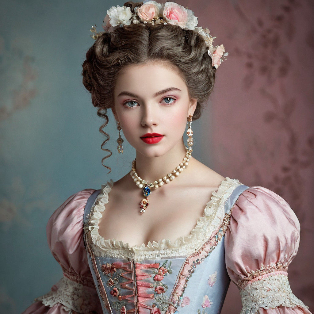 Regal Lady of 18th Century Elegance in Soft Pastel Hues