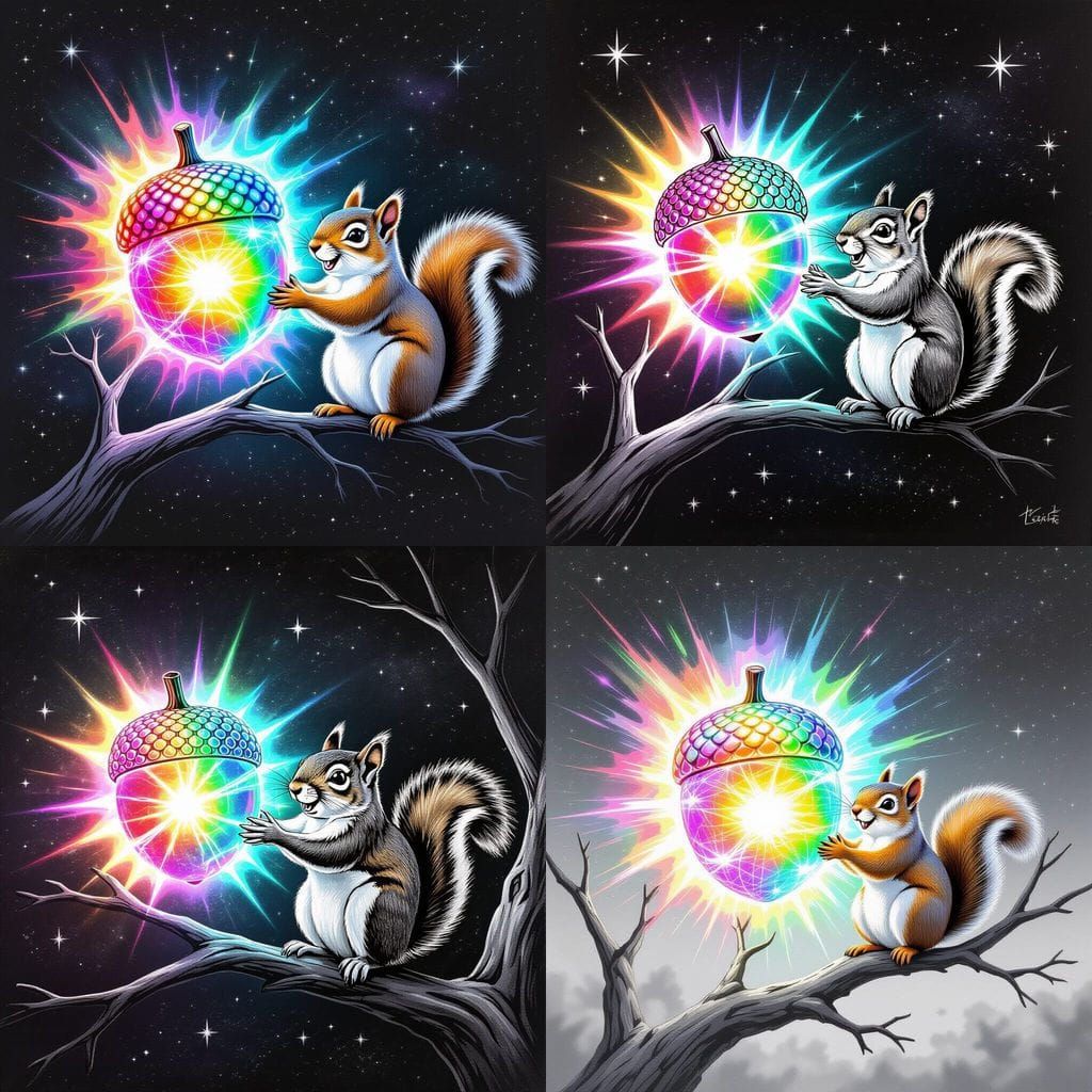 Squirrel and Iridescent Acorn in Space