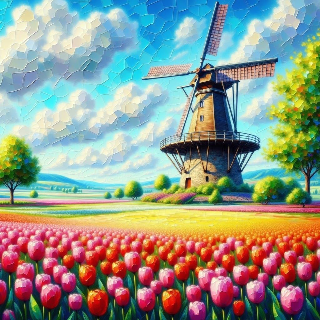 Vibrant Tulip Field Near Ornate Windmill as Matte Painting