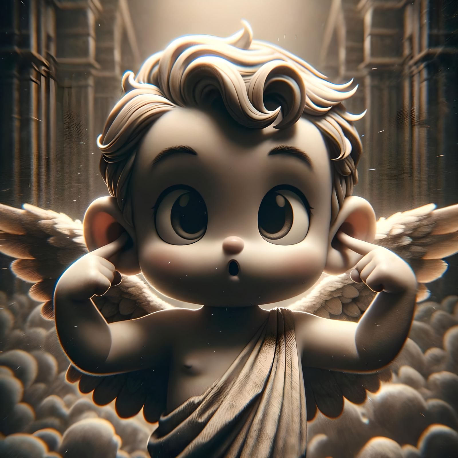 Chibi Angel Plugging Ears in Cartoon Style