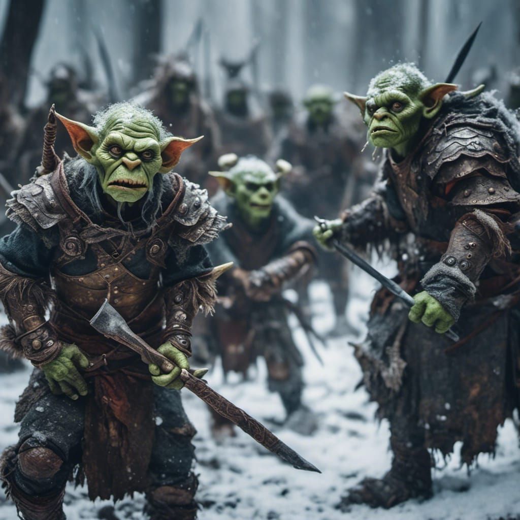 Angry Goblin Warriors in Snowy Landscape, Realistic Photo