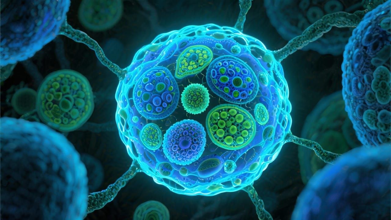 Microscopic View of Glowing Biological Cell in Scientific St...