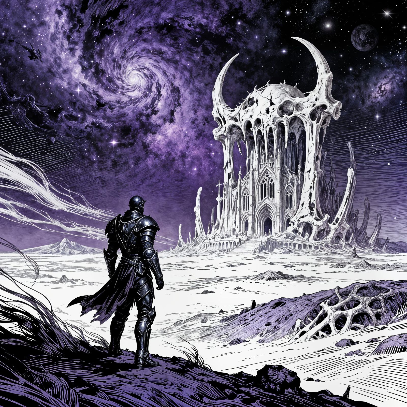 Warrior on Alien Planet Gazing at Bone Cathedral