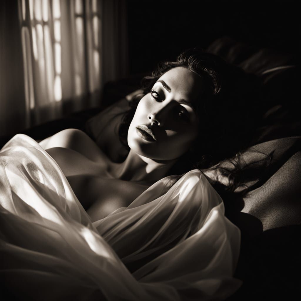 Eurasian Woman on Red Satin in Film Noir Style