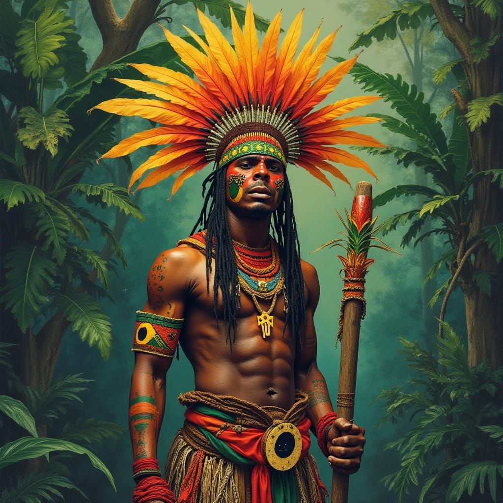 Vibrant Marajoara Warrior in Amazonian Rainforest