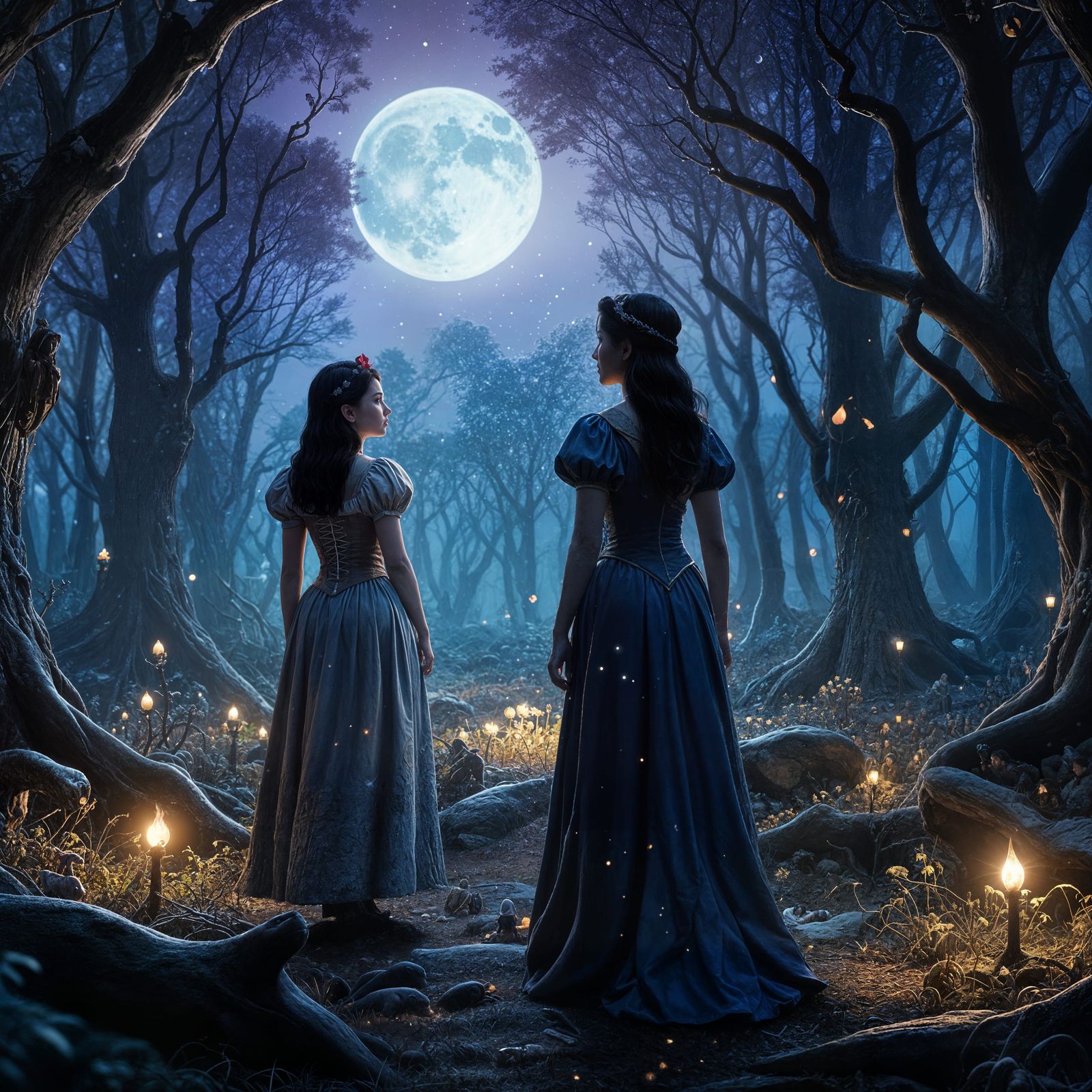 Snow White Searches Illuminated Forest at Night