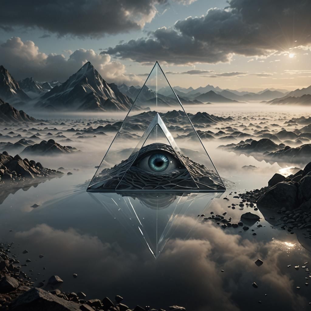 Glass 'A' with Eye in Fog: Cinematic 3D Render