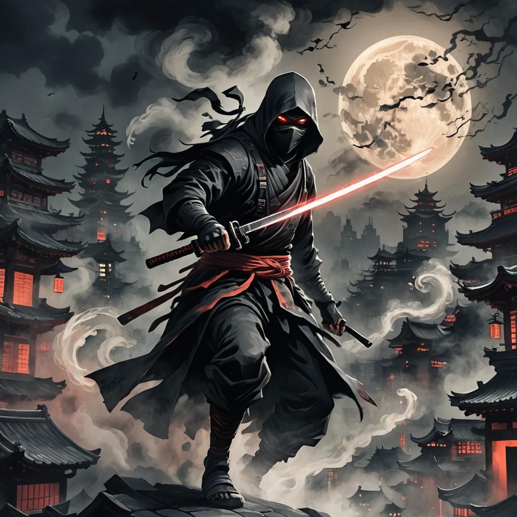 Smoky Ninja with Katana in Dark Cityscape