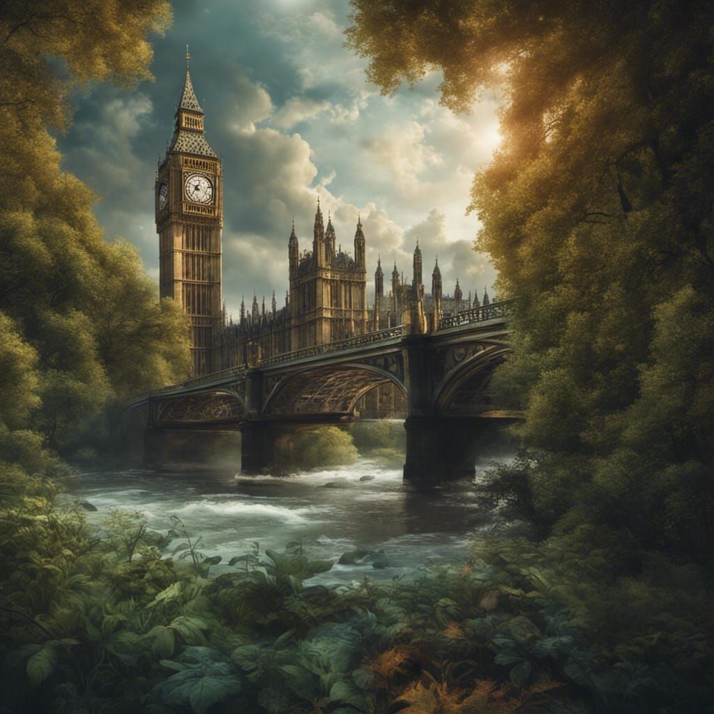 an image of Big Ben surrounded by thick foliage and towering trees, with a fast-flowing river passing by its weathered b...