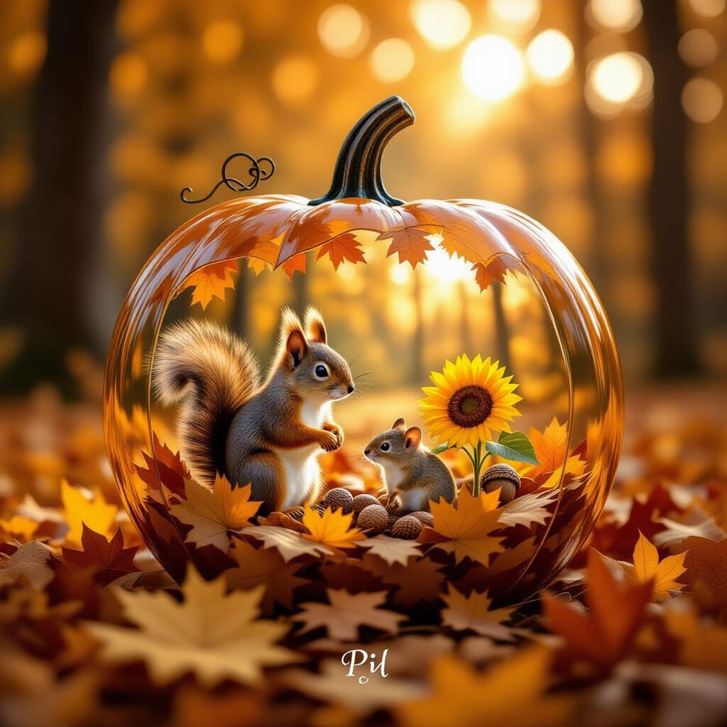 Woodland Creatures Inside Glass Pumpkin in Autumn Forest