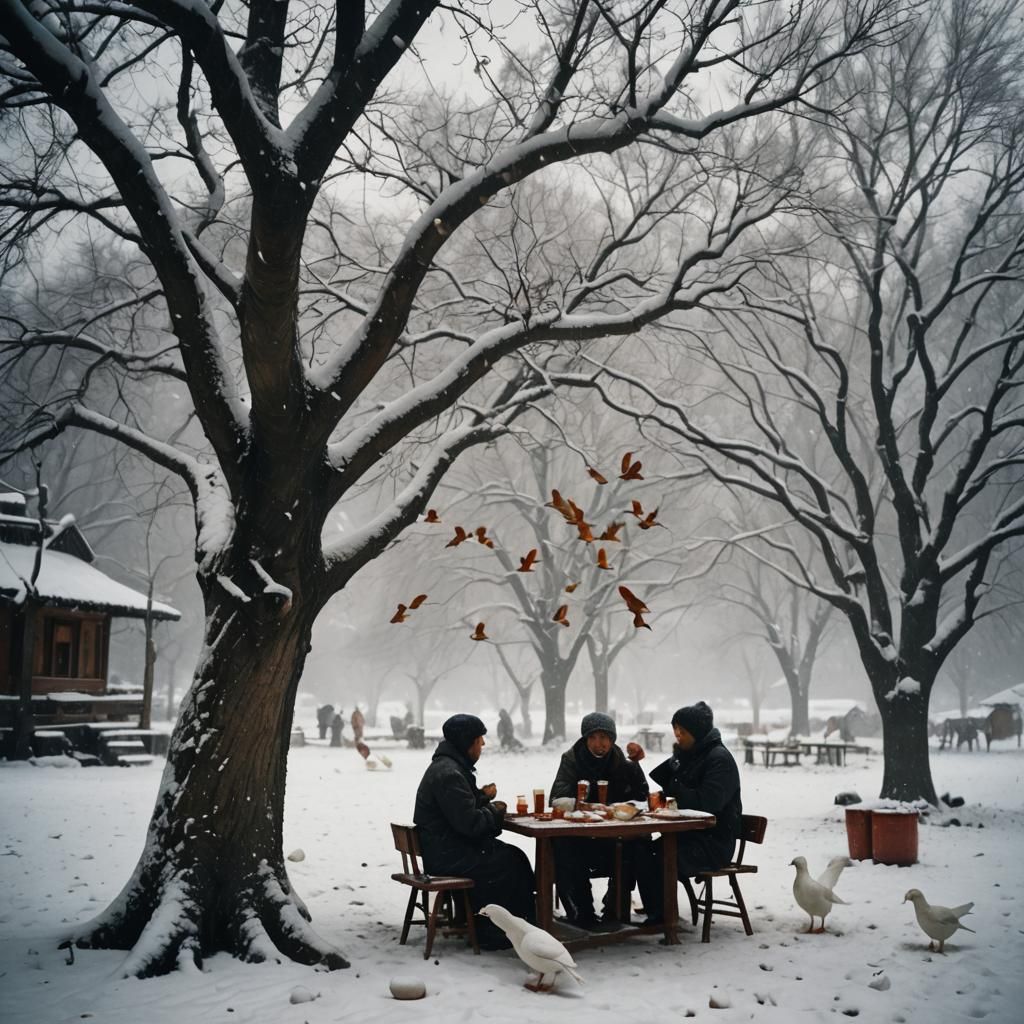 Winter Snowfall: Kehwa, Samovar, and White Birds