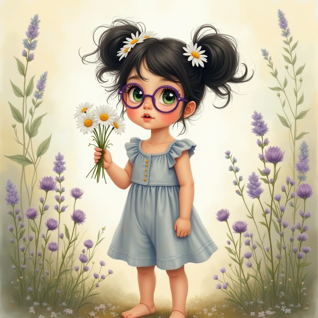 Girl with Daisy Headband Holding Daisies in Pastel Garden