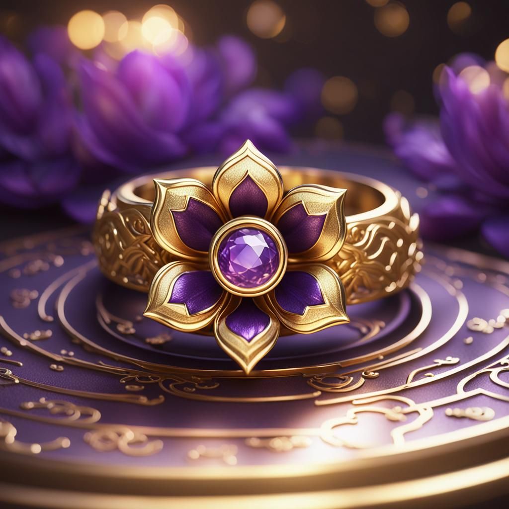 Gold Ring with Purple Lotus Flower: 3D Render