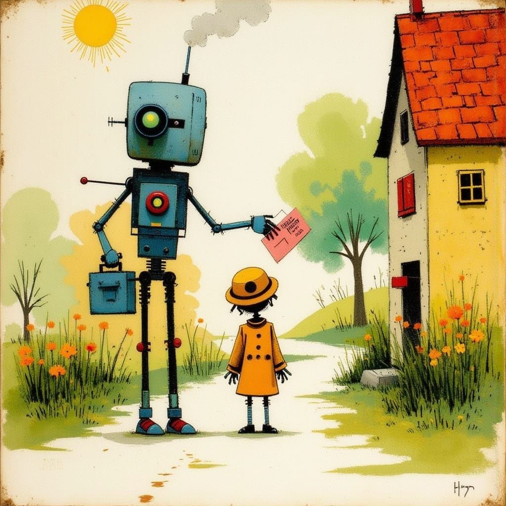 Whimsical Robot Delivers Mail in Vintage Storybook Village