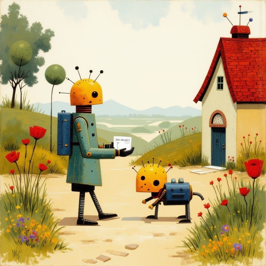 Whimsical Robot Delivers Mail in Storybook Village