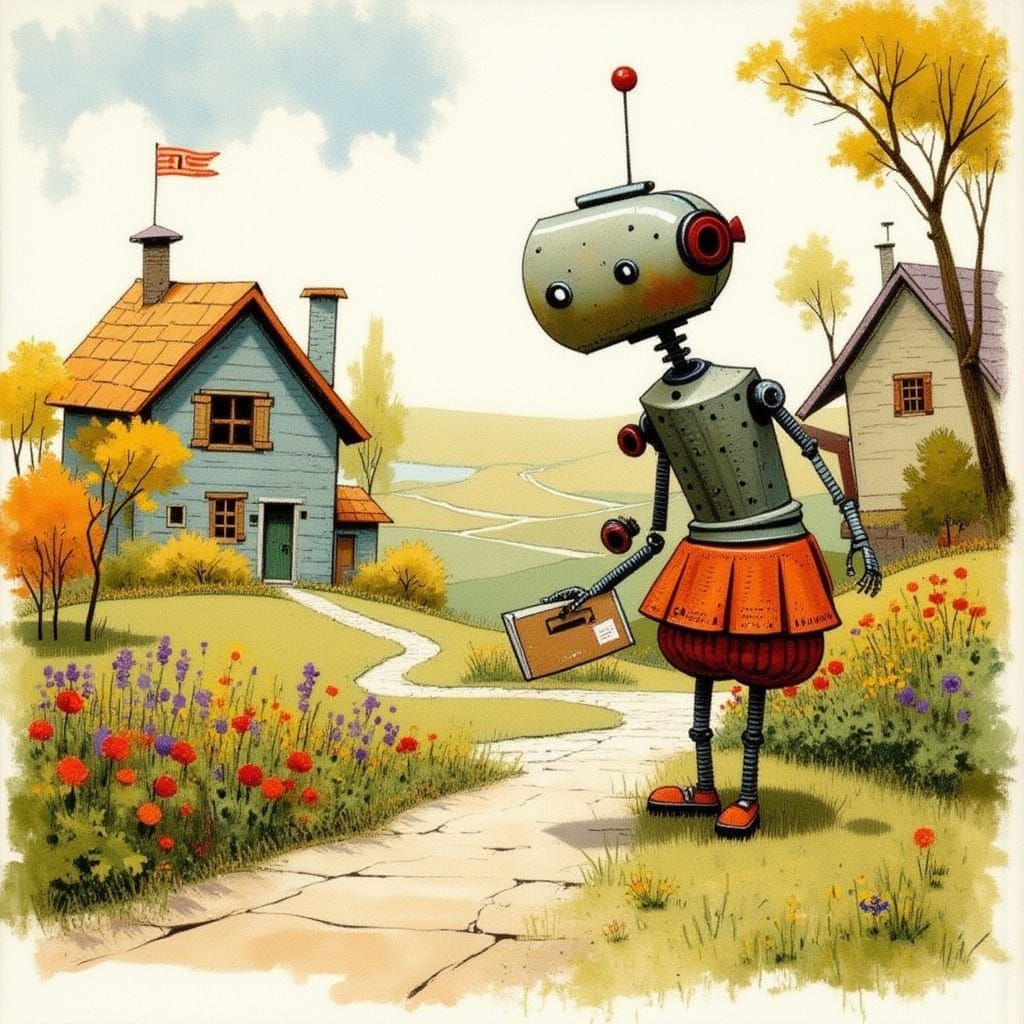 Whimsical Robot Delivers Mail in Storybook Village