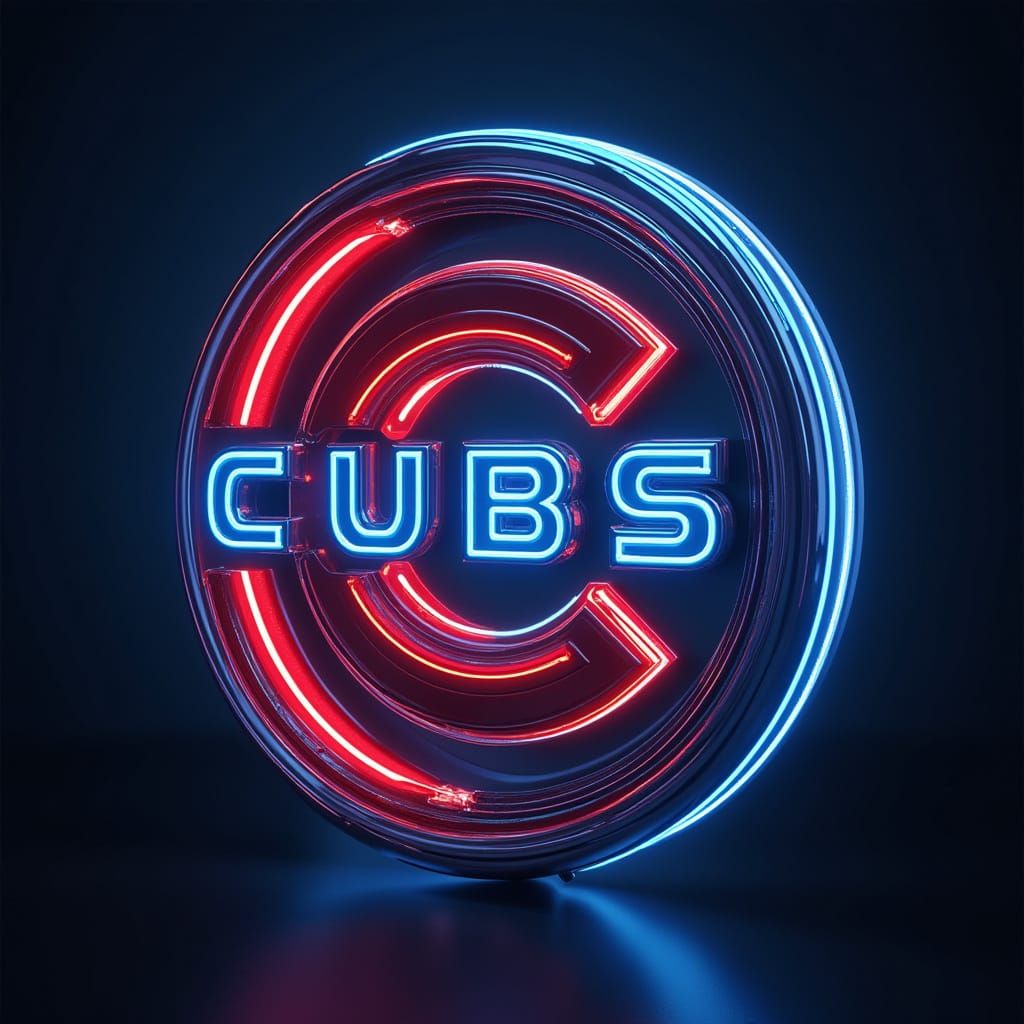 Futuristic Chicago Cubs Logo in Neon Blue and Red