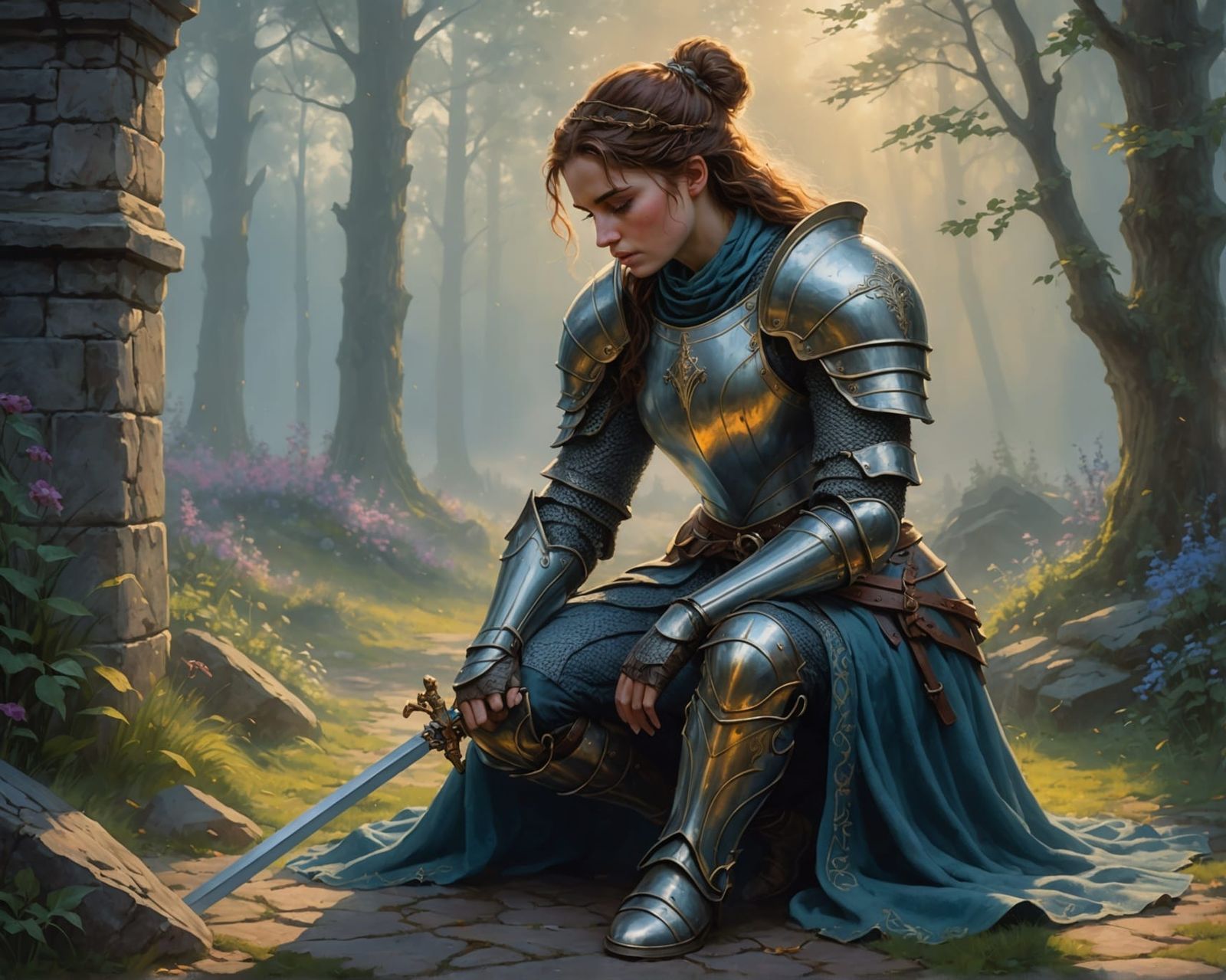 Weary Knight Kneels After Battle: Ethereal Fantasy