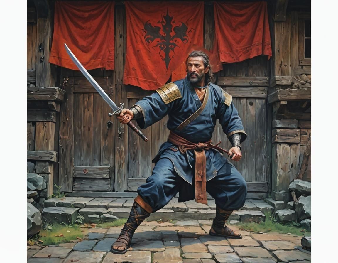 Medieval Warrior in Shaolin Suit: An Oil Painting