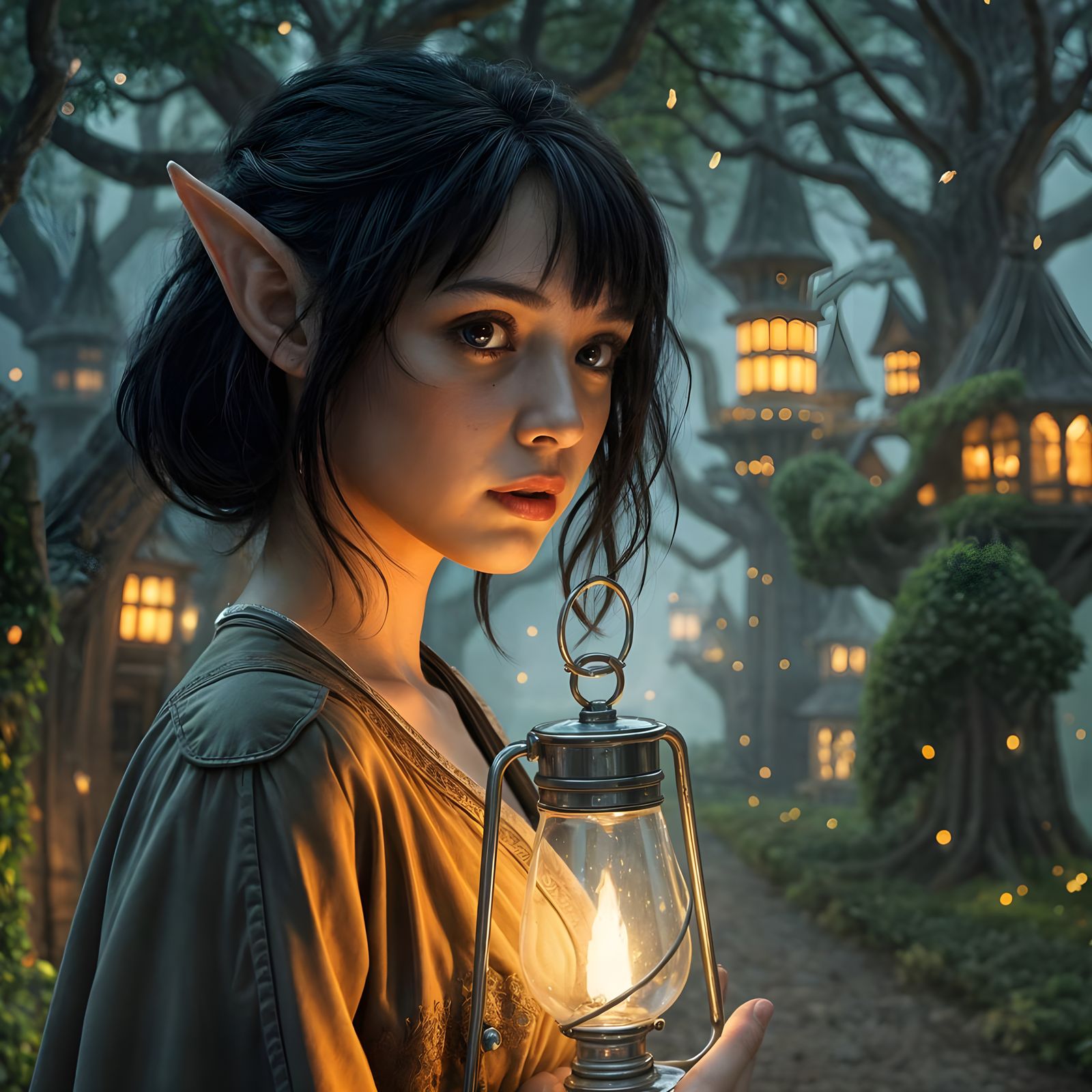 Beautiful Elf with Oil Lamp in Fantasy Setting