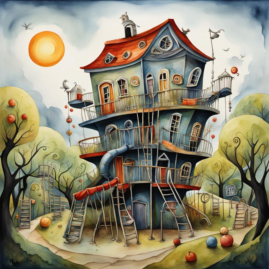 Surreal Playground on Dreary Hill in Dadaist Style