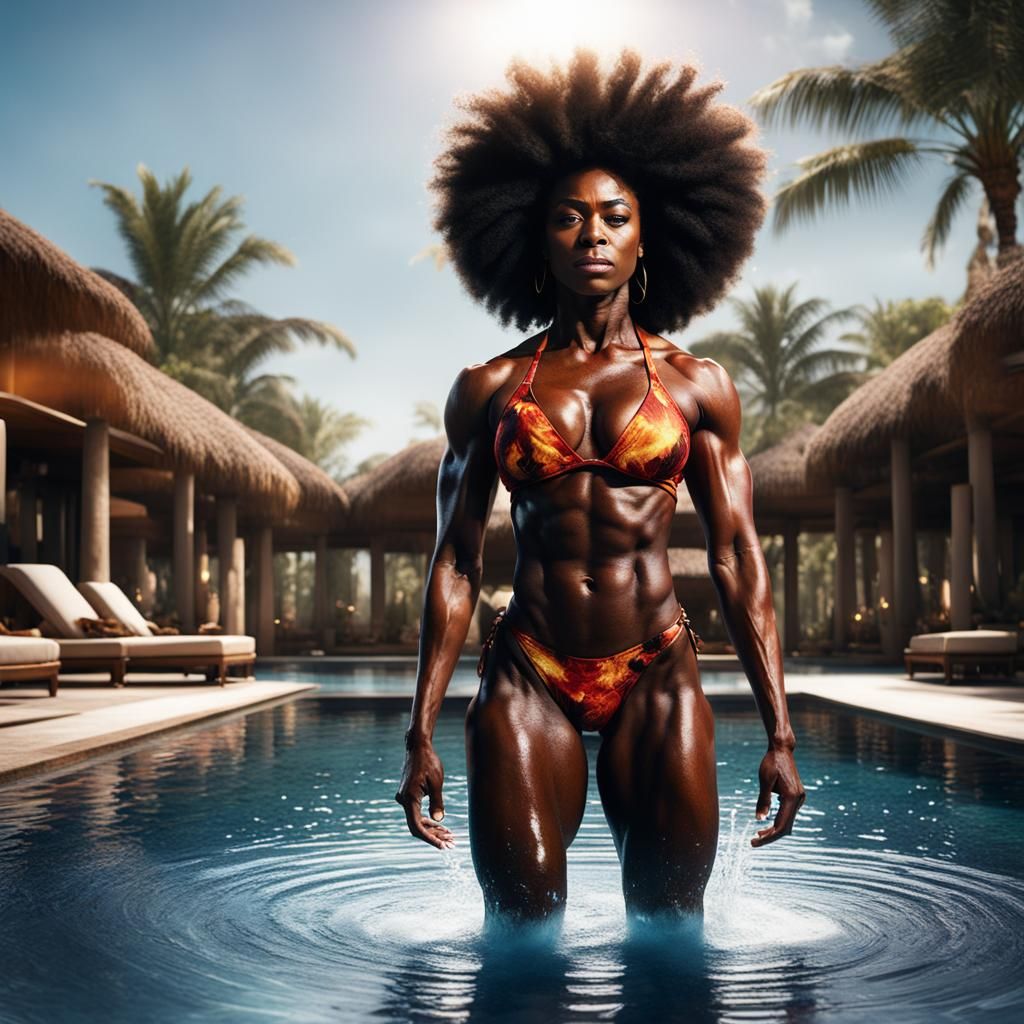 African Bodybuilder Emerges from Pool: Hyper-Realistic Digit...