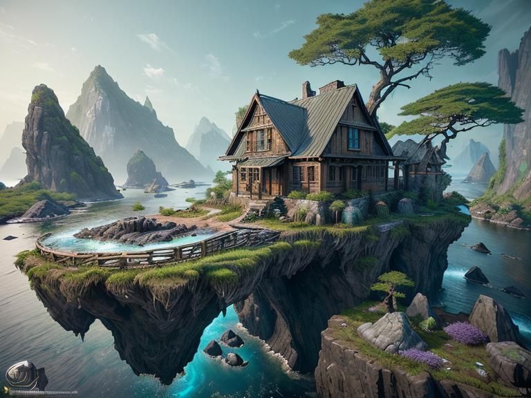 House Construction on Island as Fantasy Concept Art