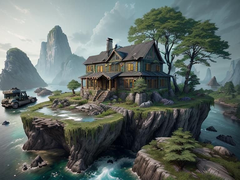 Overgrown House on Island in Detailed Matte Painting