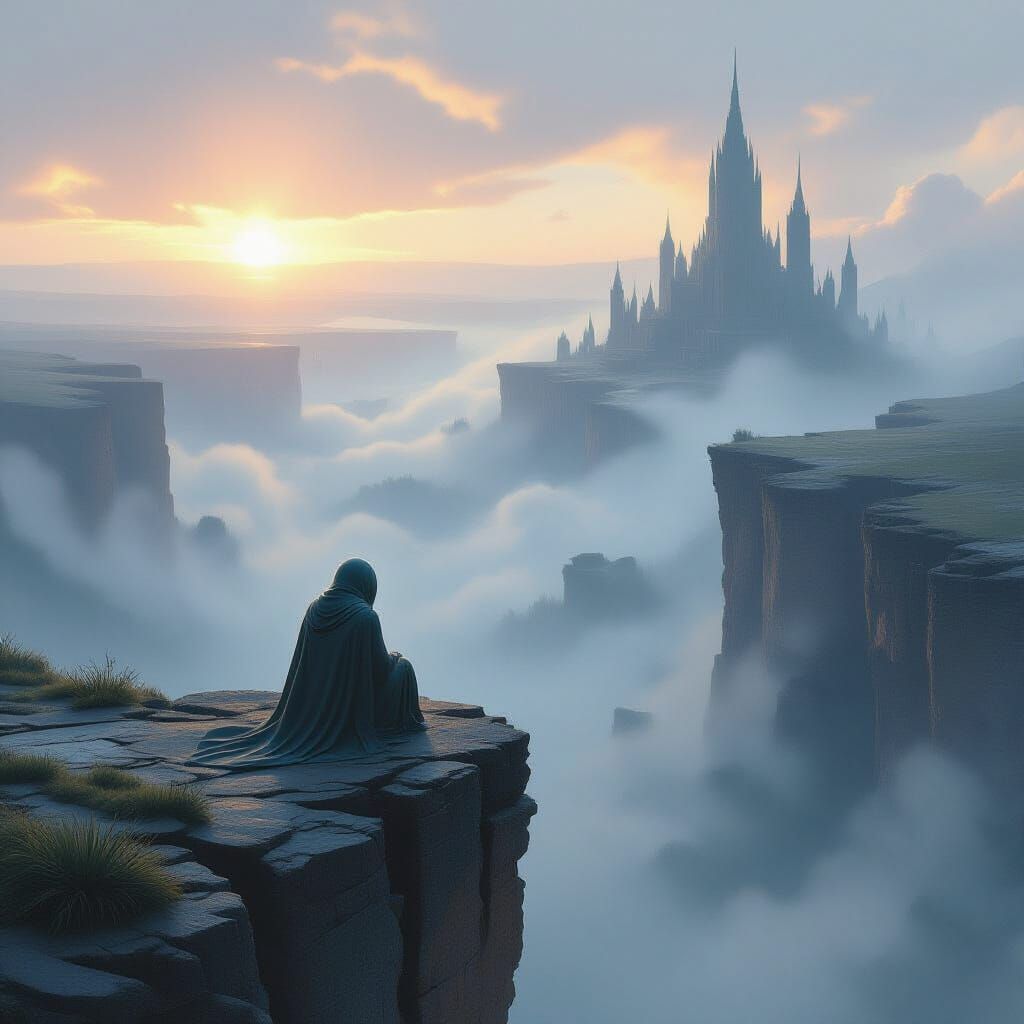 Weathered ET Overlooks Misty Canyon With Ancient City