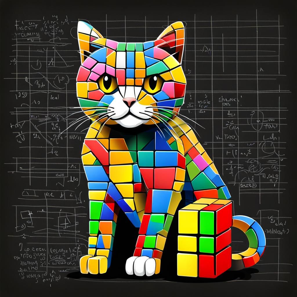 Multicoloured Rubik's Cube Cat on Blackboard