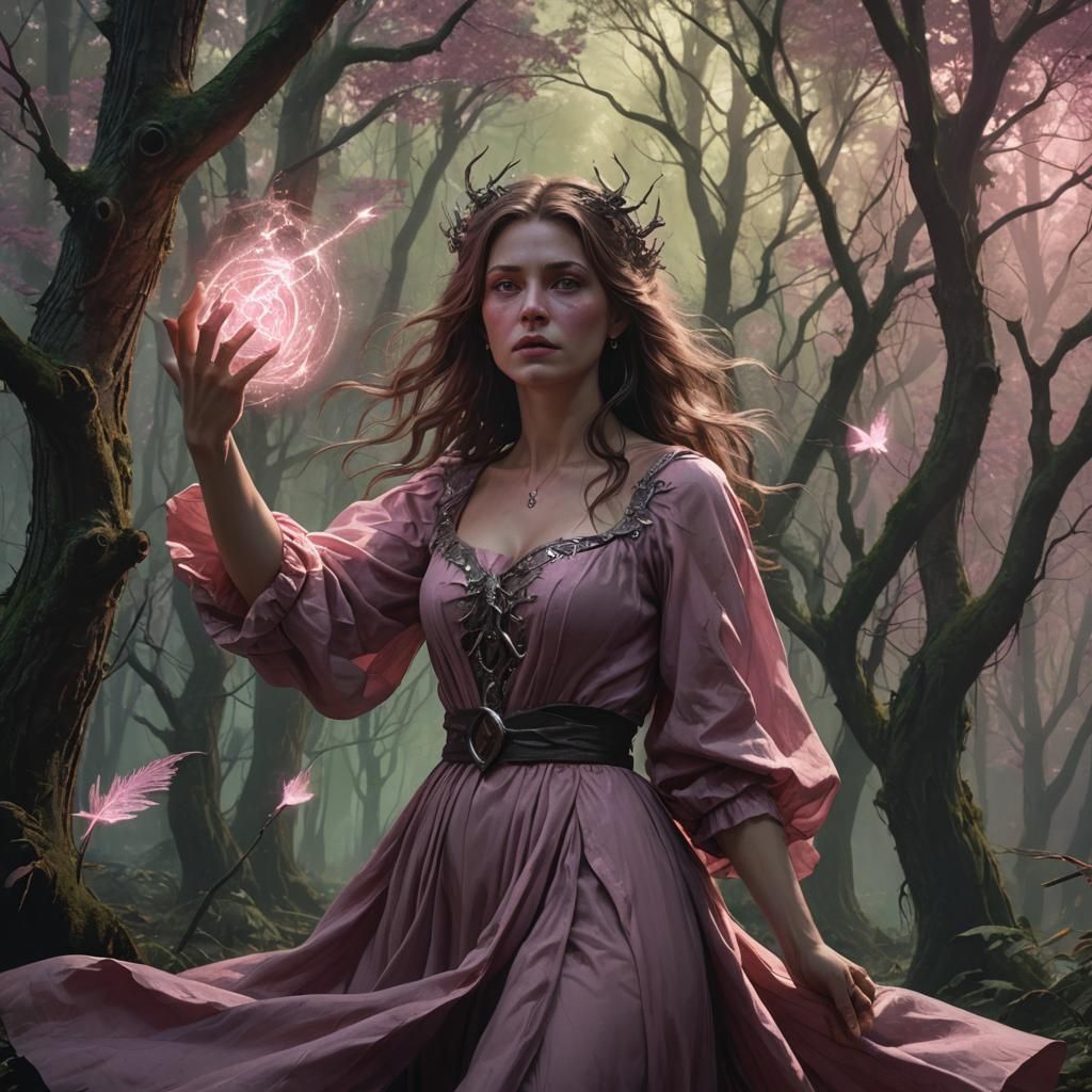 Enchanting Witch in Dark Fantasy Forest