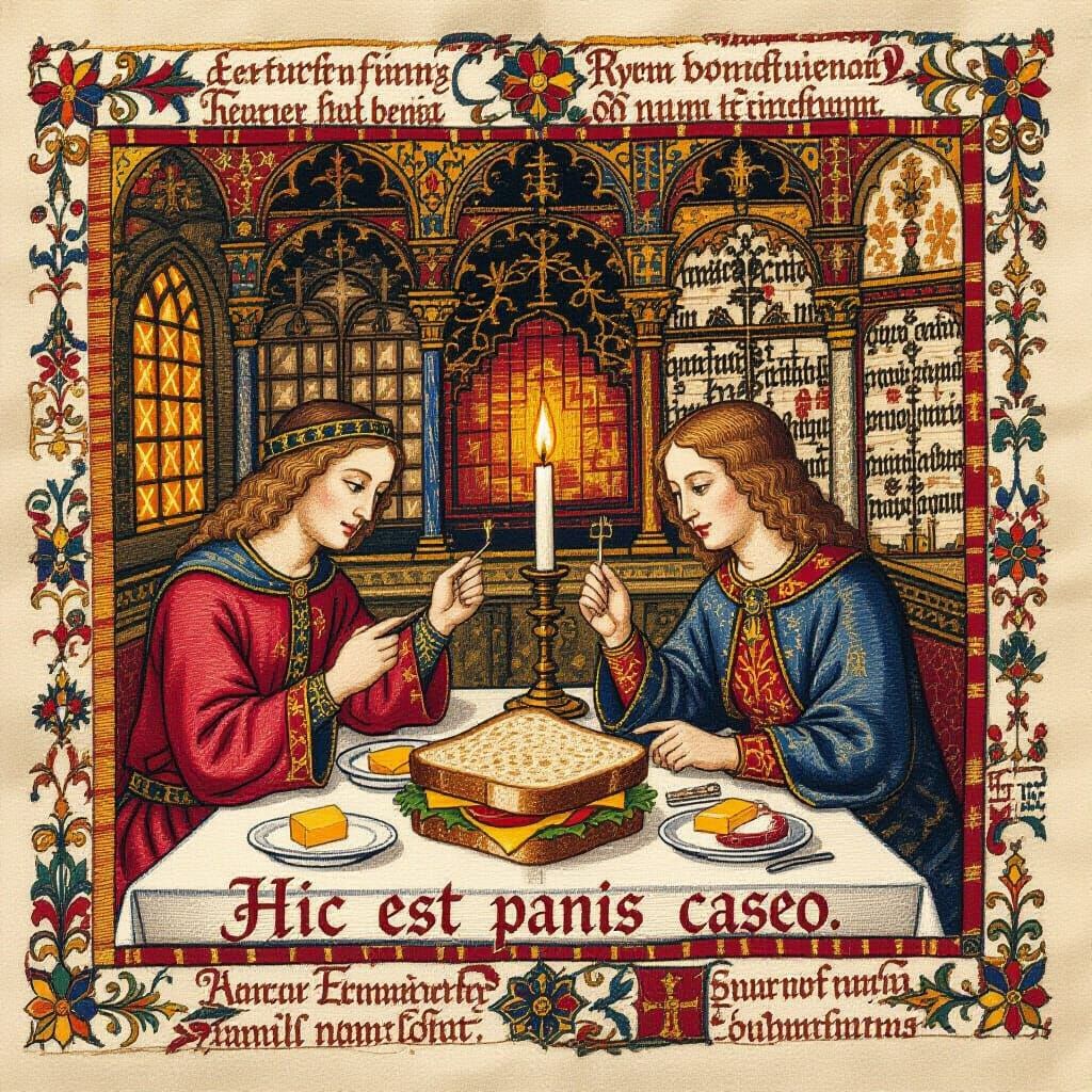 Grilled Cheese Sandwich as Bayeux Tapestry Embroidery