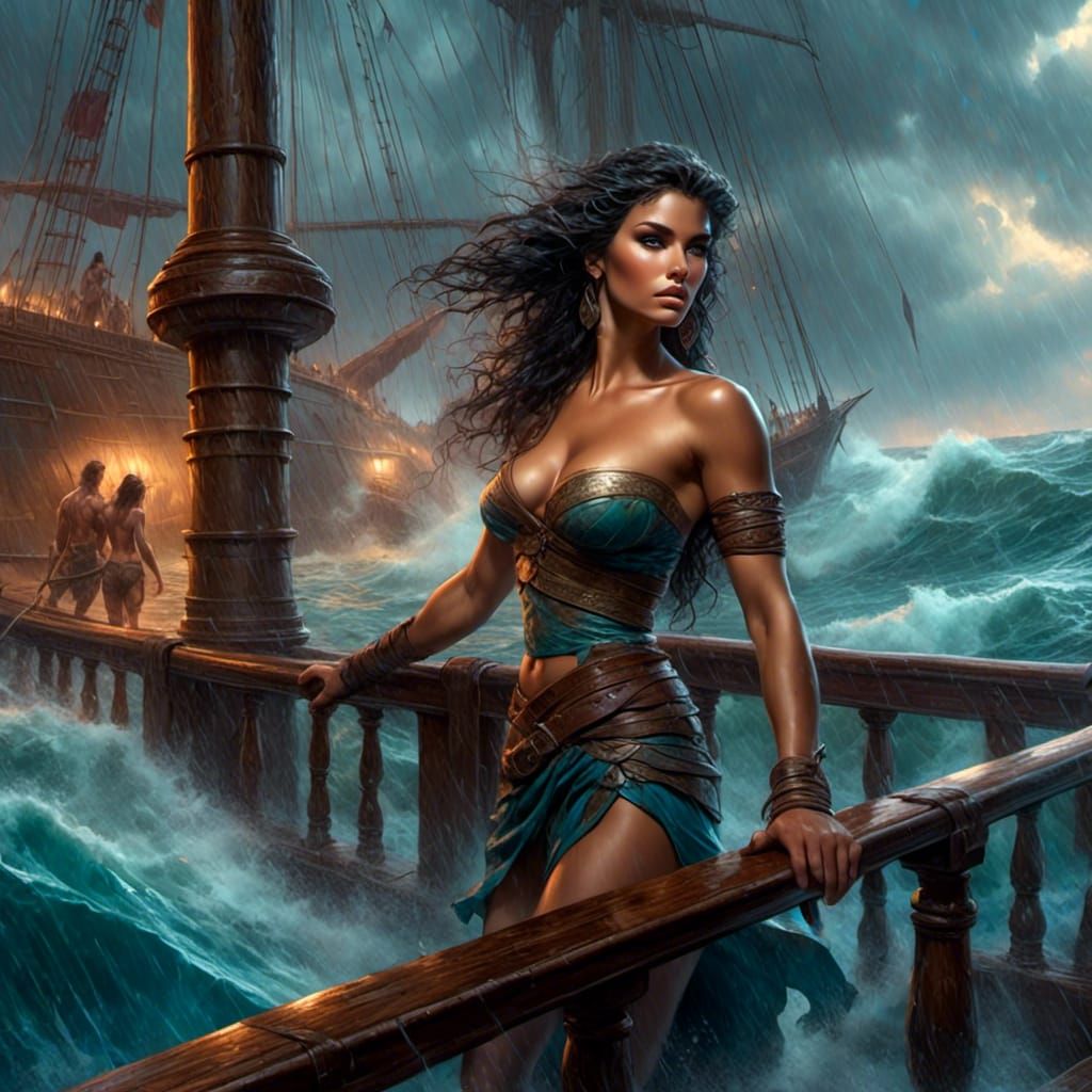 Barbarian Woman in Stormy Ocean Scene