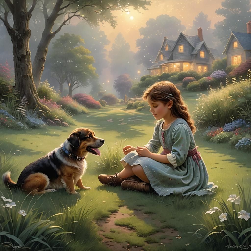 Girl and Dog in Ethereal Fantasy Landscape