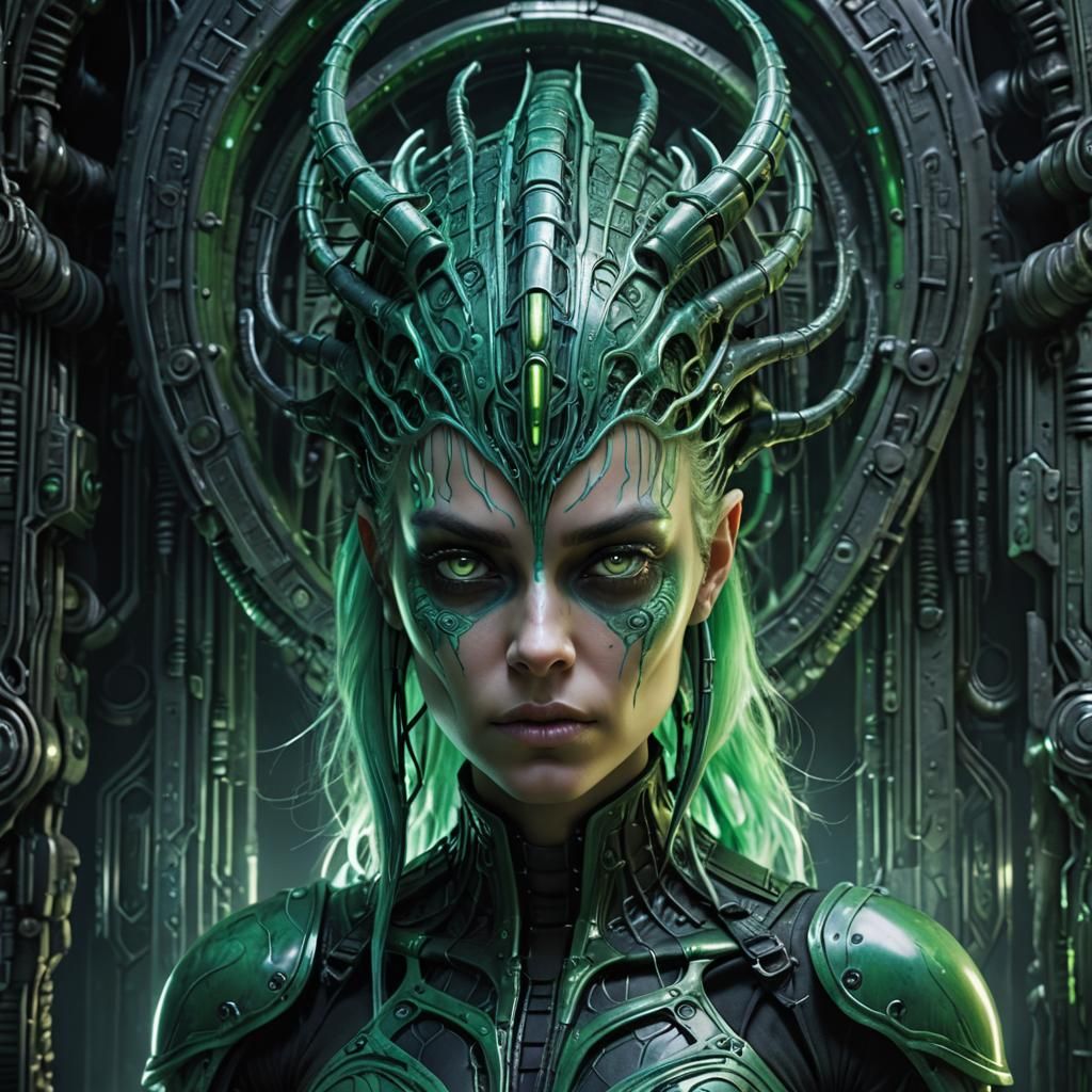 Green-Haired Warrior in Biomechanical Elder-City