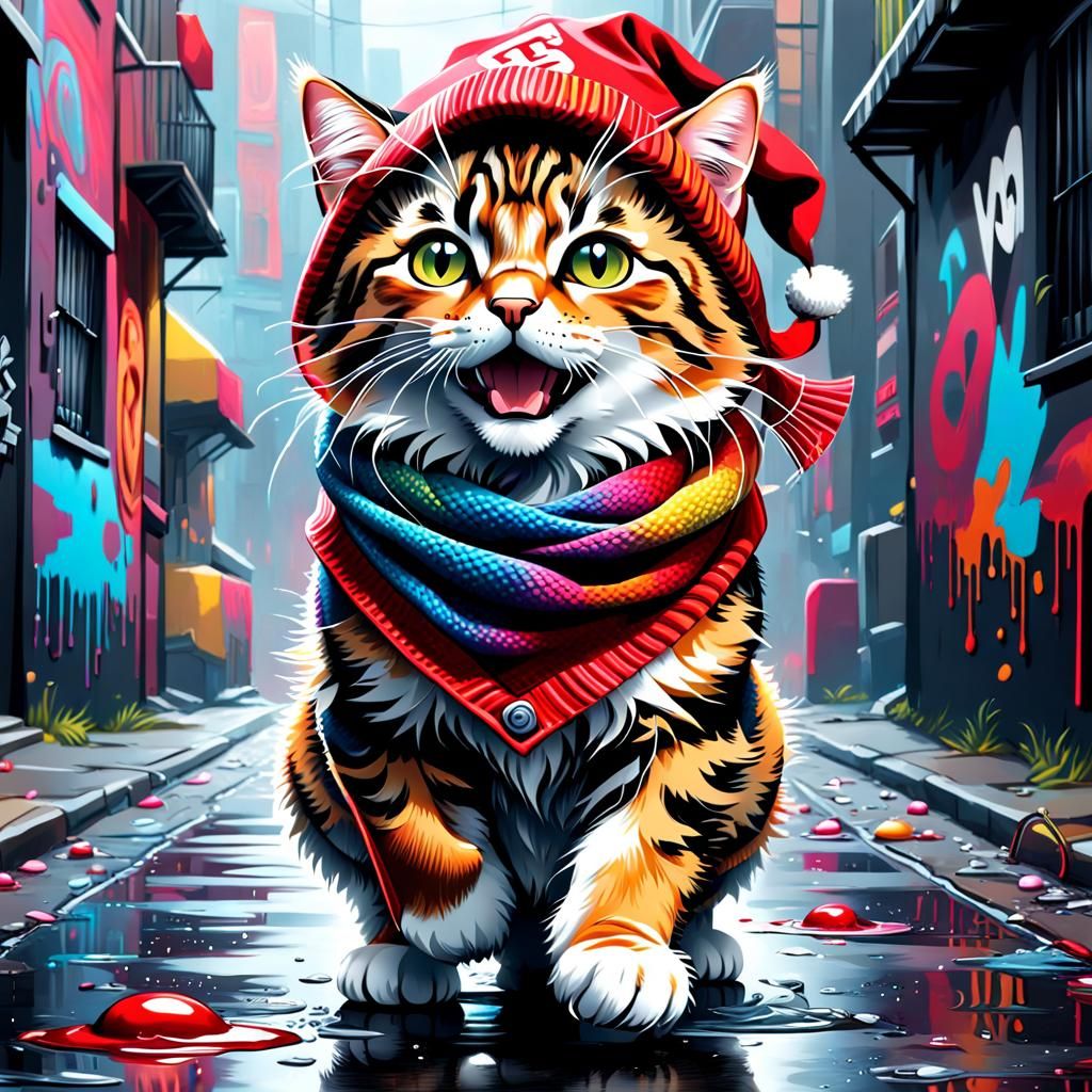 Anime Kitten in Winter Wonderland at Night