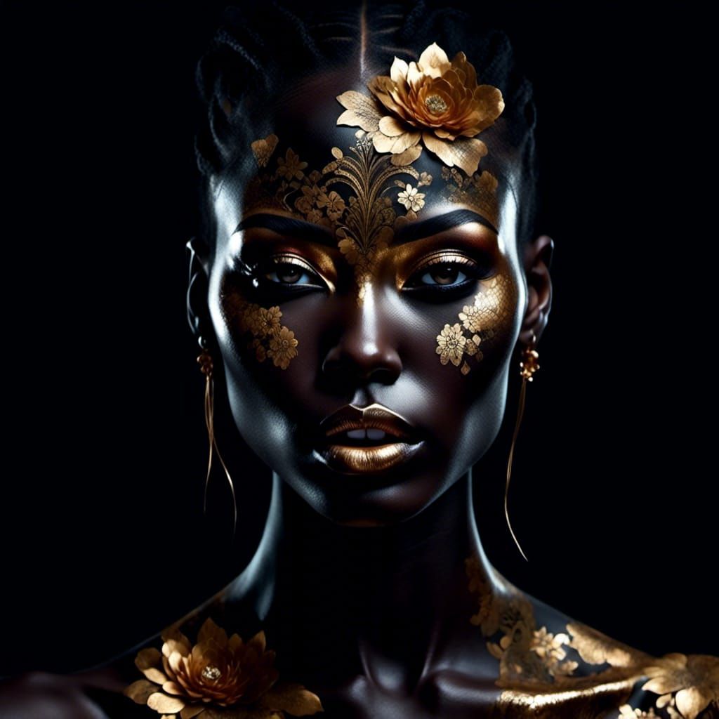 Golden Woman with Metallic Flower Patterns
