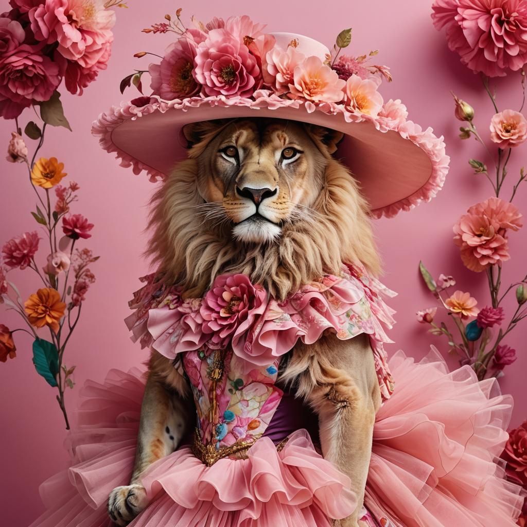 Lioness in Pink Tulle Dress, Mark Ryden Style