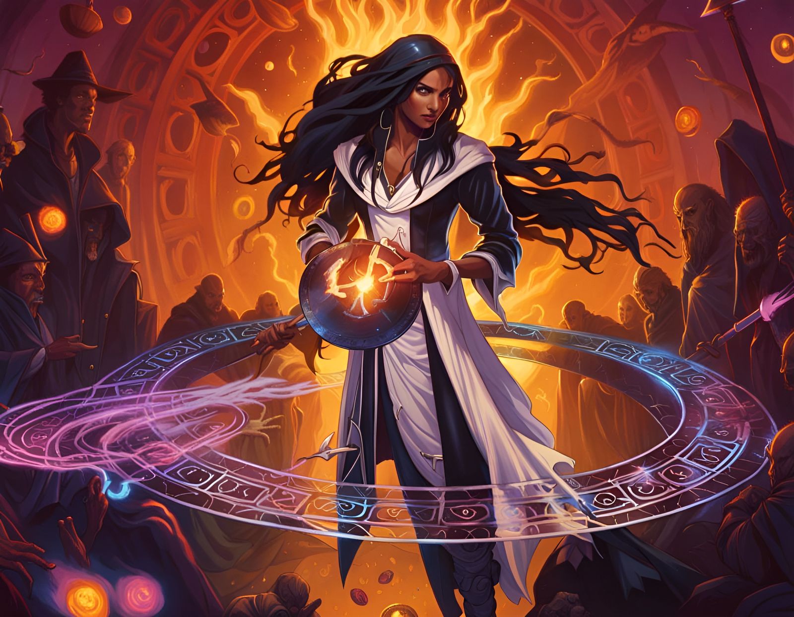 Magician in Rune Circle: Digital Art in Necro Style