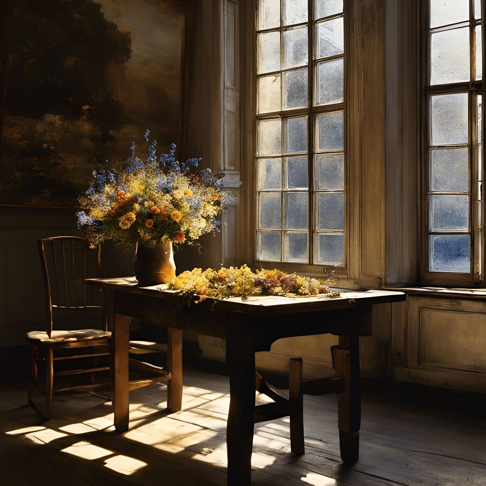 Still Life: Flowers on Butcher Table, Pollock-Vermeer Style