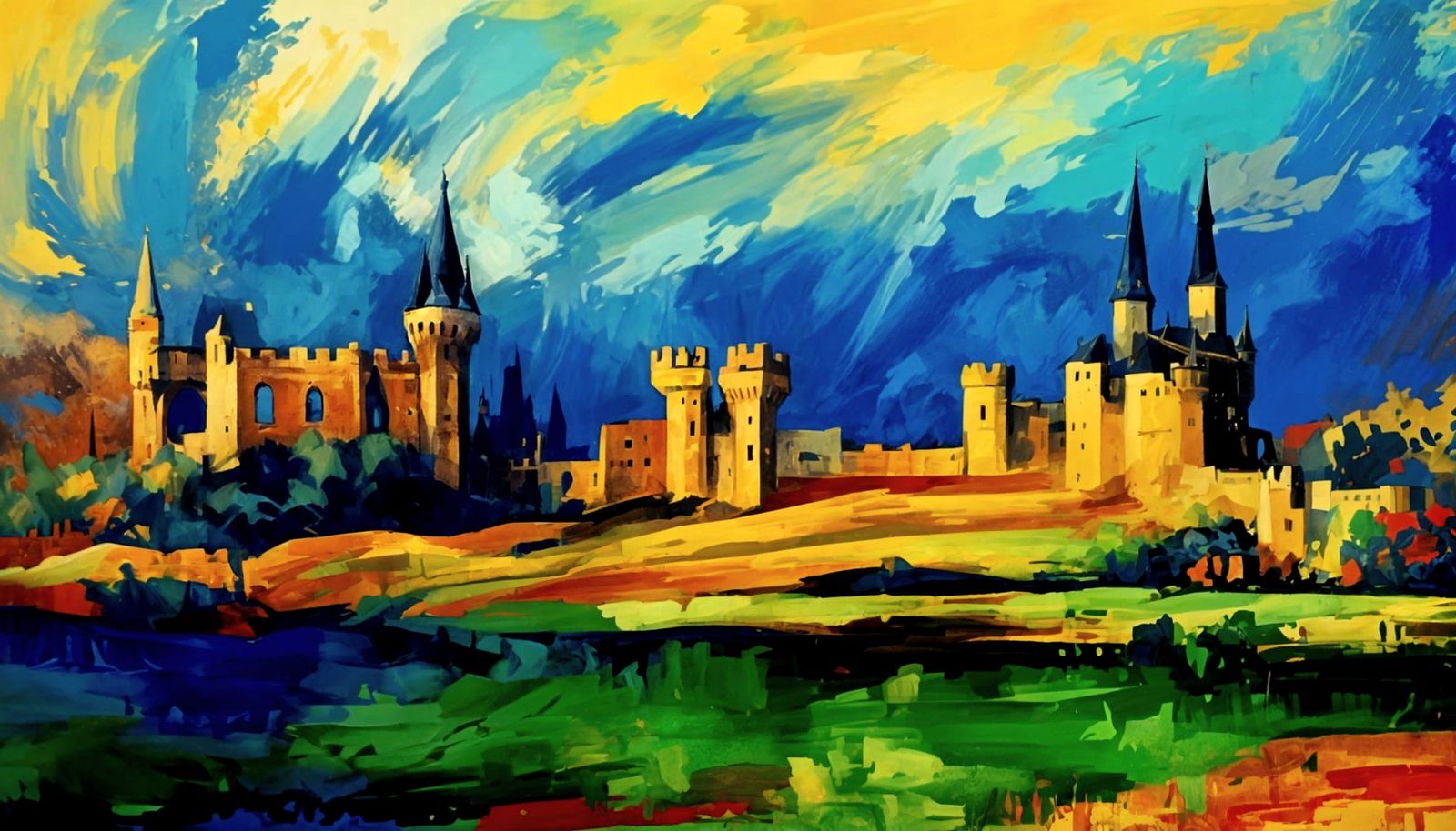 Abstract Castle Landscape Painting in Pollock Style