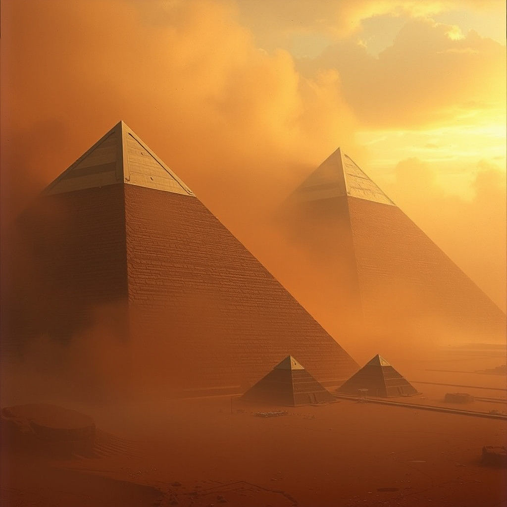 Cyberpunk Pyramids in Sandstorm, Cinematic Still