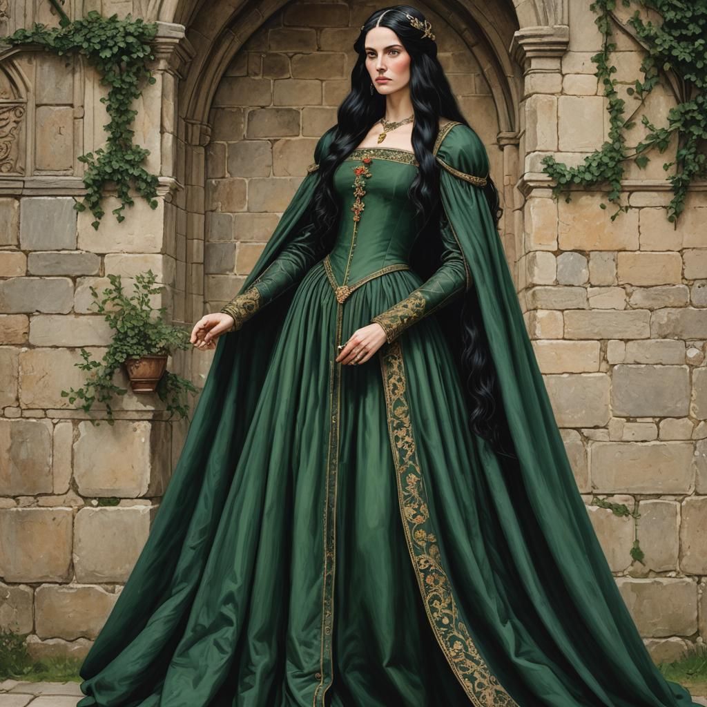 Tall Medieval Lady in Dark Green Dress