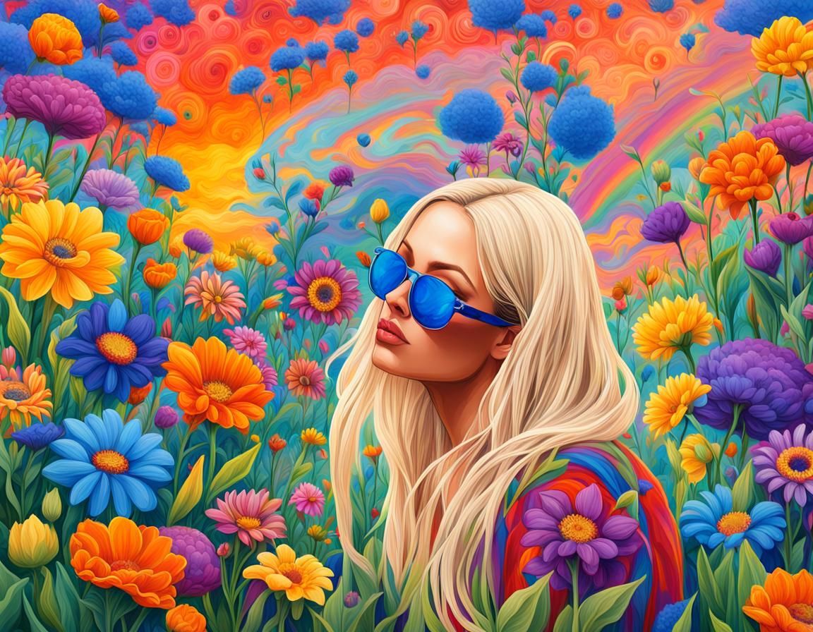 Woman in Floral Meadow with Rainbow, Fantasy Art