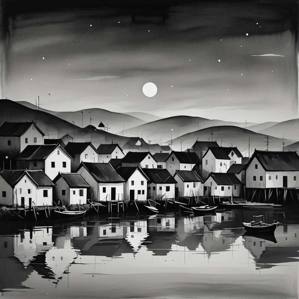 Minimalist Fishing Village at Night in Black and White