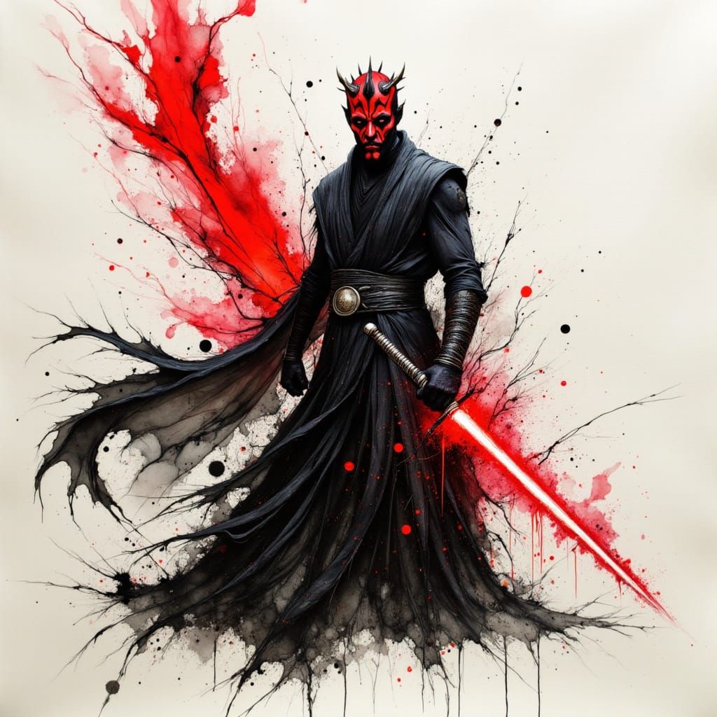 Darth Maul Sith Lord With Red Lightsaber Ink Drawing