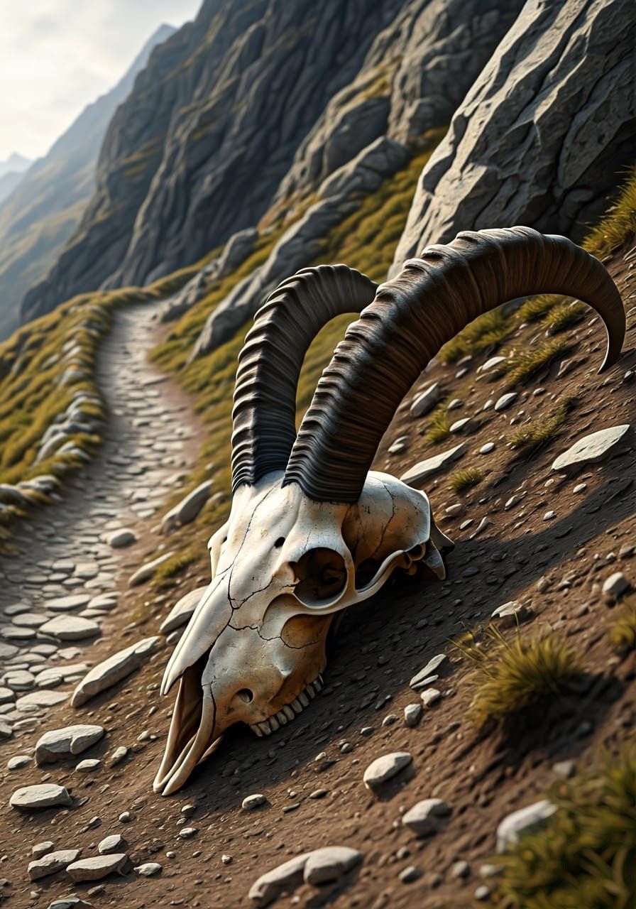 Weathered Ibex Skull Amid Rocky Terrain