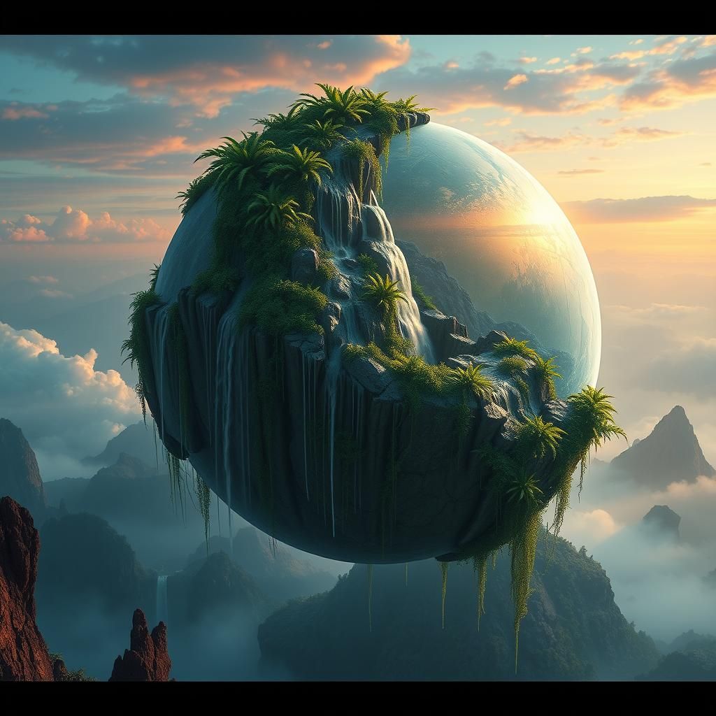 Majestic Floating Half-Globe with Waterfalls: Matte Painting